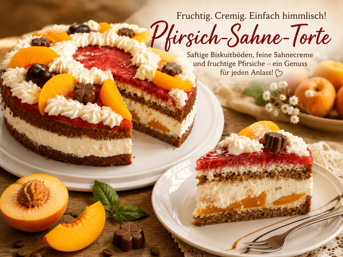 Babsi's Pfirsich-Zitronensahne mit Erdbeerglasur pfirsich sahne